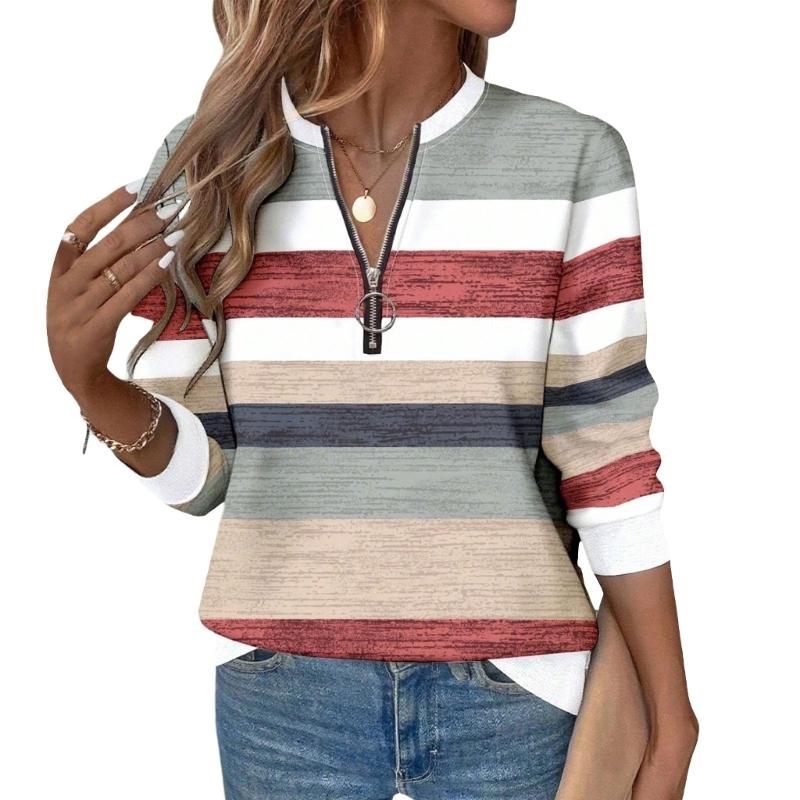 Women's color-blocked striped print shirt, half-zip, round neck, long-sleeved casual pullover top with waist belt