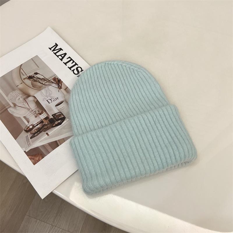 Angora Rabbit Hair Curled Brimless Wool Hat Women Autumn and Winter Warm Striped Fashion Knitted Pullover Cold Hat