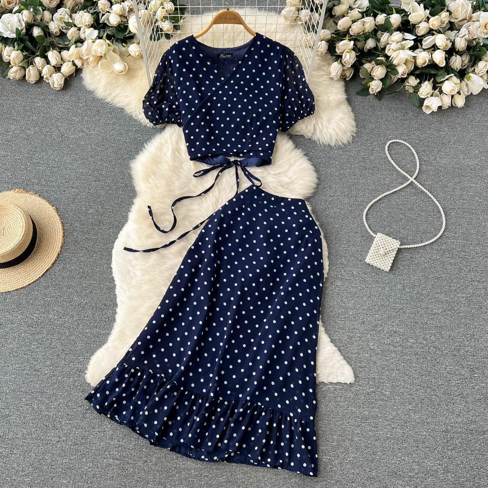 Women Polka Dot Two Piece Set Summer Short Drawstring Tops + High Waist Long Skirt 2pcs Suit Outfits Red Purple Black