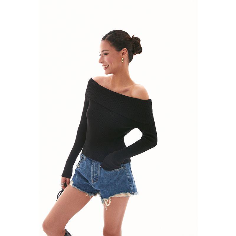 

Discoglam Classic Versatile Cold-Shoulder Sweater Black Silm Slim Looking off-Shoulder Knitting Tops Female Spring & Fall Black L