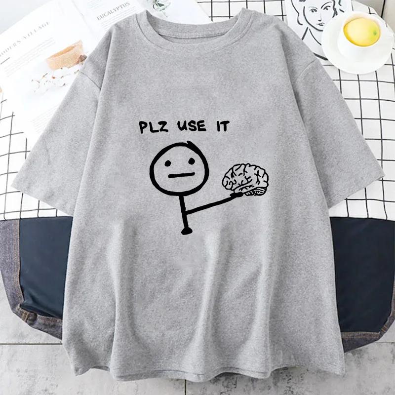 Neues Herren Freizeit Grafik T-Shirt "Bitte benutzen" Cartoon Gehirn Design Kurzarm Rundhals Lockerer Schnitt für Sommer Herren Damen T-Shirts