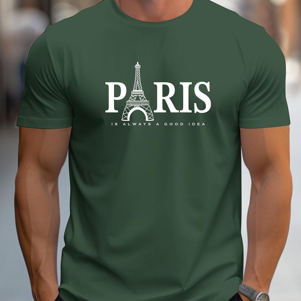 Summer Loose Size PARIS Letter Print T-shirt Casual and Comfortable Round Neck Short Sleeve T-shirt Men's Cotton Short Sleeve