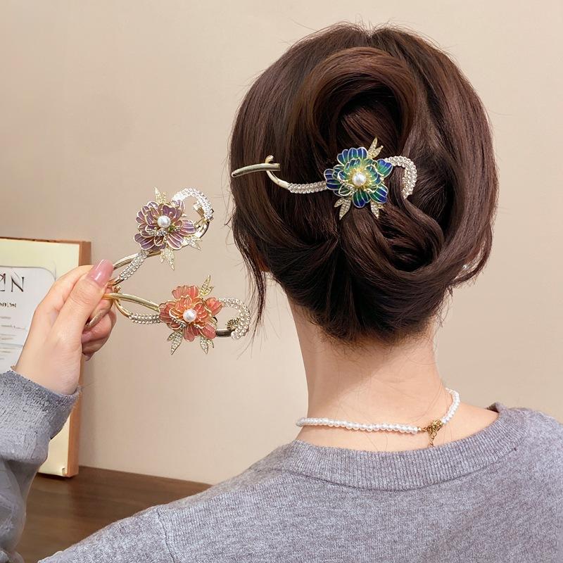 Ancient Temperament Enamel Peony Flower Twist Clip High Sense Painted Flower Light Luxury Hairpin Elegant Pan Head Hair Accessories Women