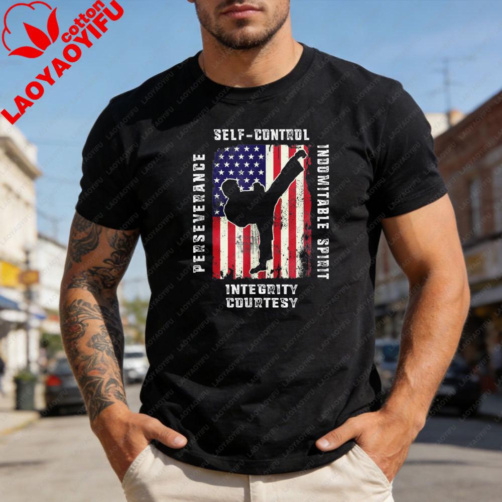 

American Flag Karate Men TShirt Cotton Summer Short Sleeve Casual Fashion Sport Design Gift Top Streetwear Unisex Clothing S