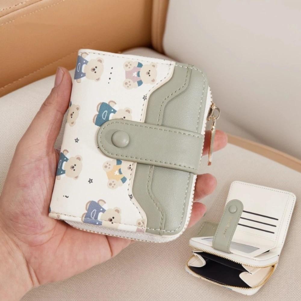 Cute PU Leather Short Wallet Cute Bear Design Multiple Card Slots Zippered Coin Pocket Snap Button Card Holder Girls