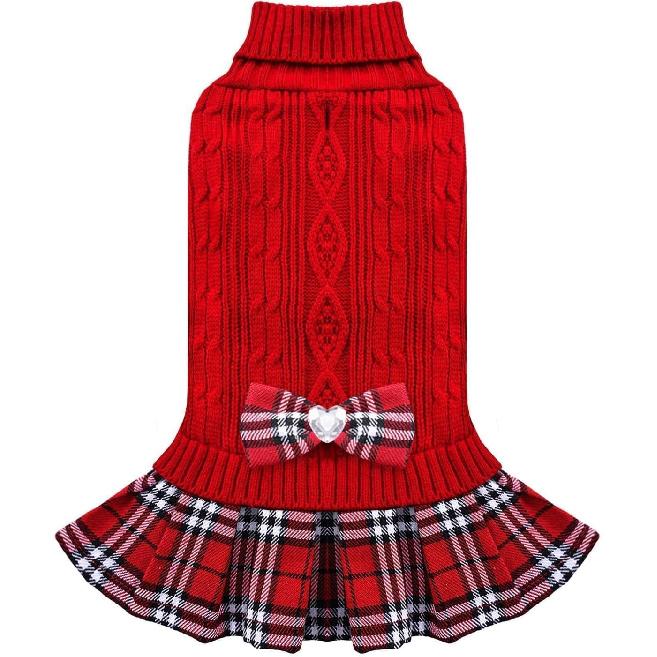 WOYYHO Small Dog Sweater Dress with Bowtie Dogs Clothes Sweater Pleated Skirt with Leash Hole Puppy Winter Outfit Dog Pullover Knitwear Puppy