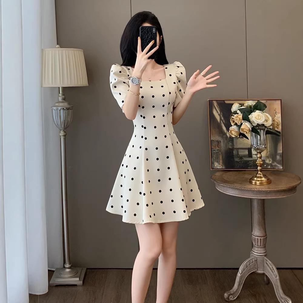 French Polka Dot Square Neck Dress - 2025 Summer Socialite Style with Waist-Cinching Slimming Fit