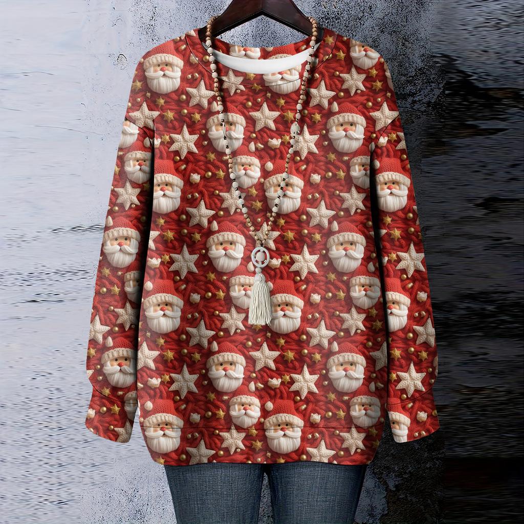 Ladies' Christmas Printed Round Neck Long Sleeved T-shirt Sweatshirt Top