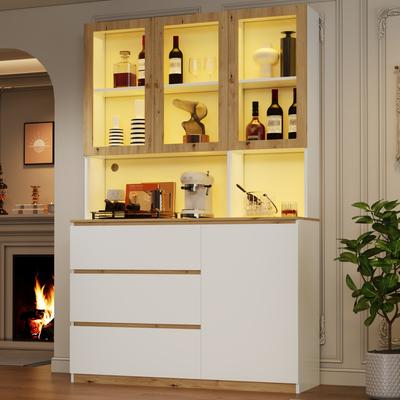 Vitrinekast/hoge kast met LED-verlichting – 120 × 200 cm, met verlengd werkblad, multifunctioneel staand meubel, wit en eiken – boekenrek
