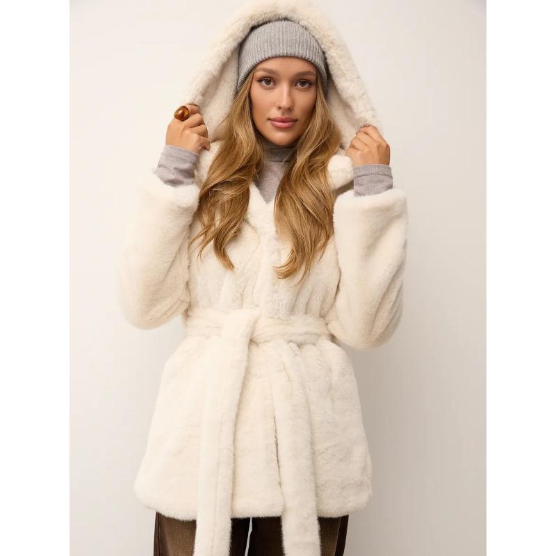 Women Mid Length Hooded Belted Faux Mink Fur Winter Overcoat