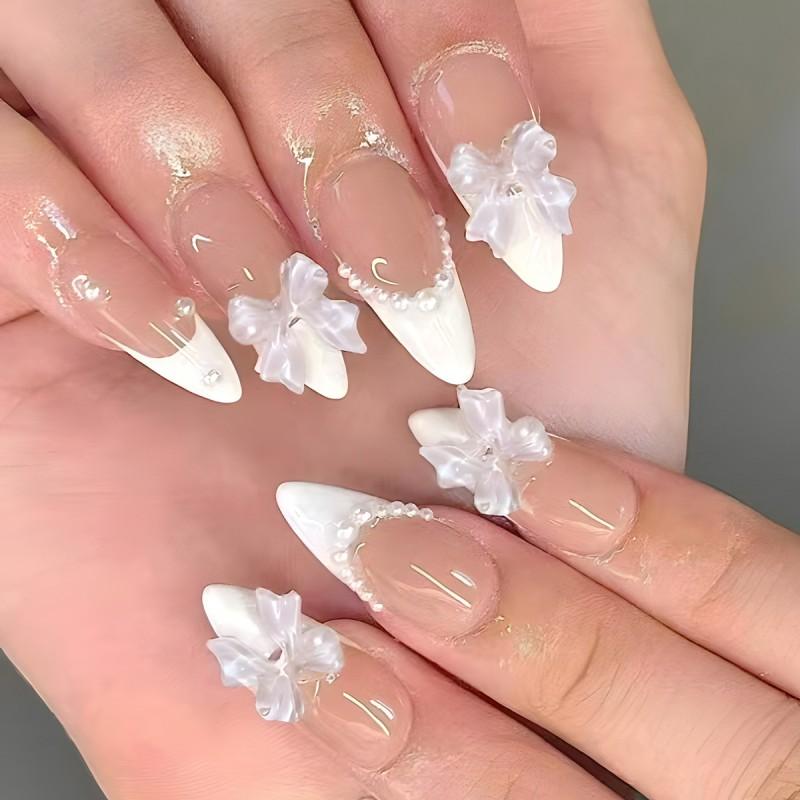 24pcs White French Pearl Butterfly Knot Press-on Nails Nude Tip Almond Shape Women Gel Adhesive Jelly Glue Options Gel Adhesive Type