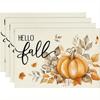 4/6pcs Hello Fall Pumpkin Leaves Placemats, Thanksgiving Vintage Table Placemats for Dining Party Decoration 12x18 Inch