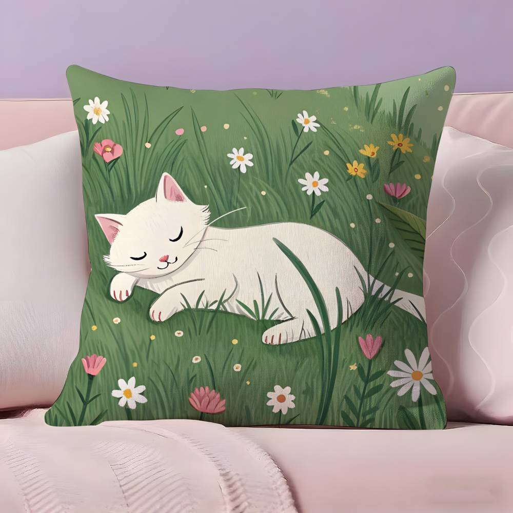 Cat in the flowers aesthetic Pillow Case  Ultra Soft Skin Friendly Fabric Cloud Like Comfort & Concealed Zipper