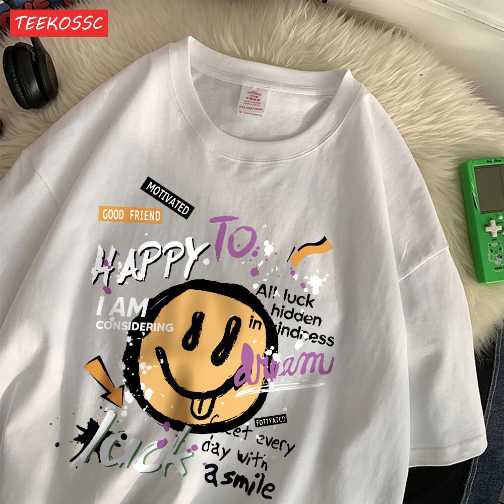 Summer Cotton Women TShirts Fun Graffiti Cute Smiling Face Prints Tees Breathable Loose ONeck Casual Street Female Clothes