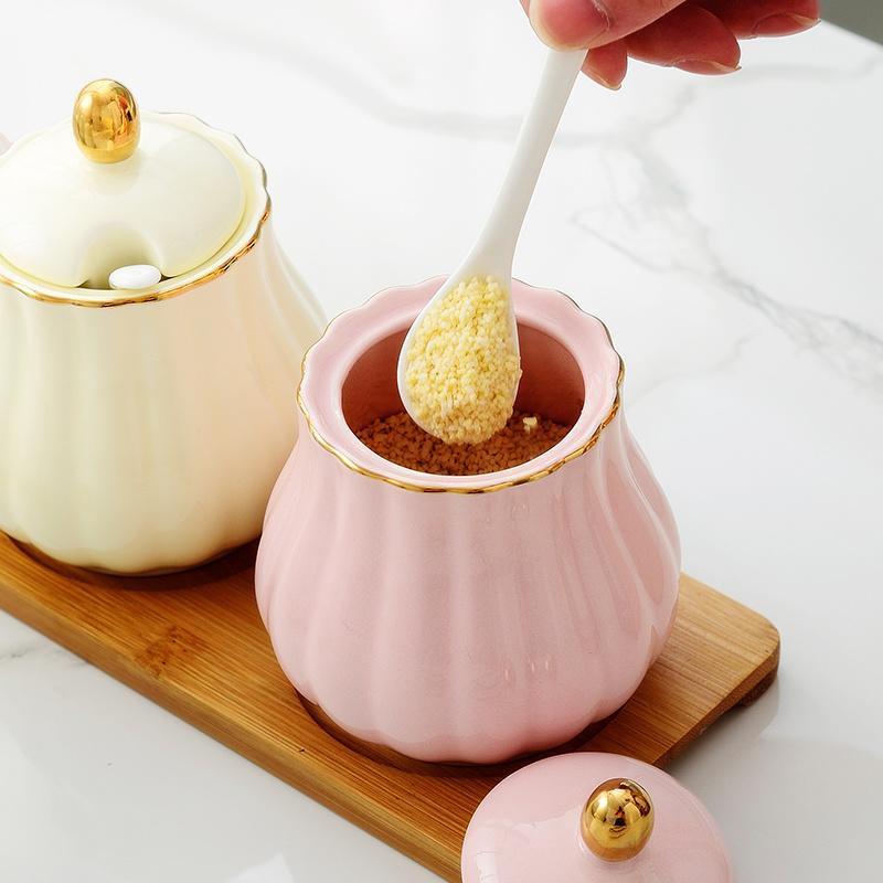 Creative Kitchen Ceramic Seasoning Jar Three-piece Seasoning Jar Seasoning Box Combination Salt Jar Chili Oil Cans Household
