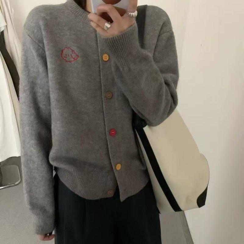 Gentle retro age-reducing puppy embroidered colorful buckle crew neck knitted cardigan women's spring and autumn small sweater jacket