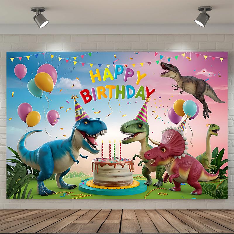 Party Backdrop Dinosaur Cartoon Text Balloons Festive Atmosphere Banne Photo Booth Decor Birthday Party Decor