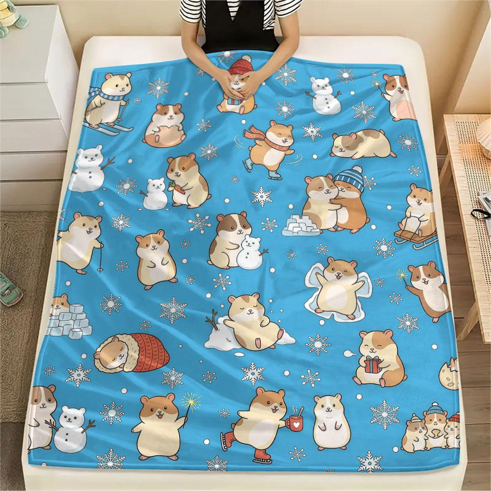 1PC Winter Hamsters Graphic Print Flannel Blanket Lightweight and portable for Home Decor Warmth and Comfort Birthday Present Birthday Gifts