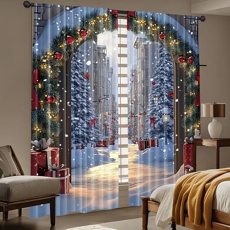 

Set Of 2 Charming Poinsettia Pattern Curtains Romantic Design Polyester Christmas Home Windows Curtain Semi Sheer W100*H70(CM)-Rod Pocket&2PCS