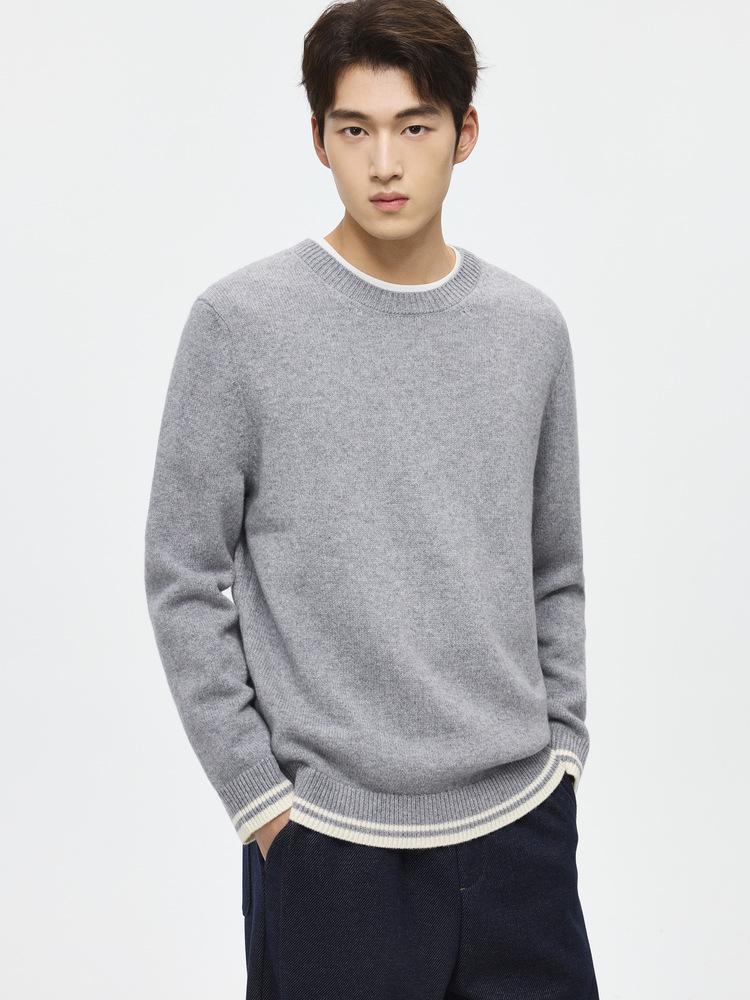 Men's Cashmere Blend Round Neck Faux Two-Piece Knit Sweater, 2025 Autumn/Winter Edition, Warm Solid Color Base Layer