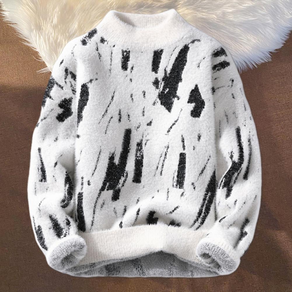 Men Winter Sweater Contrast Color Graffiti Thick Plush Half-high Collar Elastic Knit Long Sleeves Daily Wear School Dating Sweat
