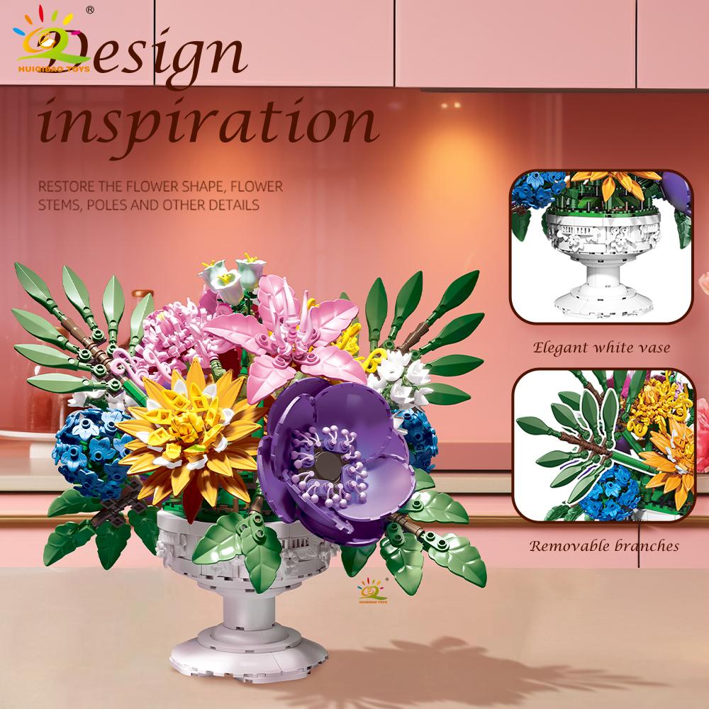 Non-Toxic 1081+Pcs Moc Flower Bouquet Model Building Block Potted Series Brick Construction Toy For Children Desk Home Decoration