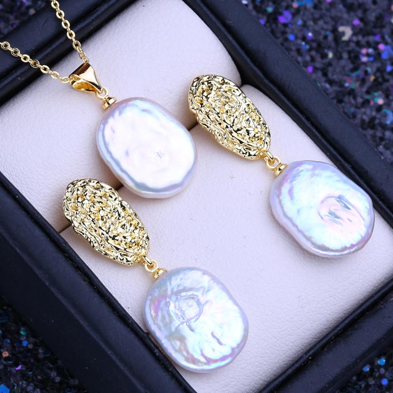 

LSOOYH Натуральный Пресноводный 12-16 мм Большой Барочный Жемчуг Ювелирные Наборы Простой Кулон Ожерелье Свадебные Серьги-капли Модные Подарки Для Женщин золотой