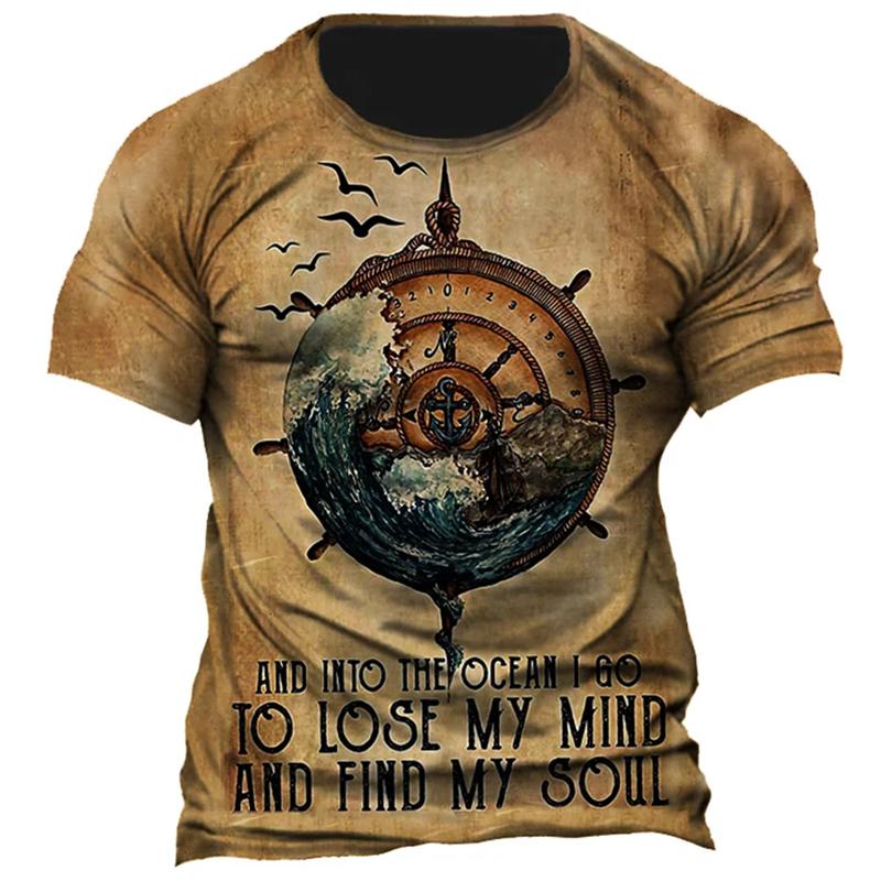 Vintage Compass Pattern T-Shirt For Men Navigation Map 3D Printed Tees Summer Fashion Casual Loose Street Tops O-Neck T Shirts