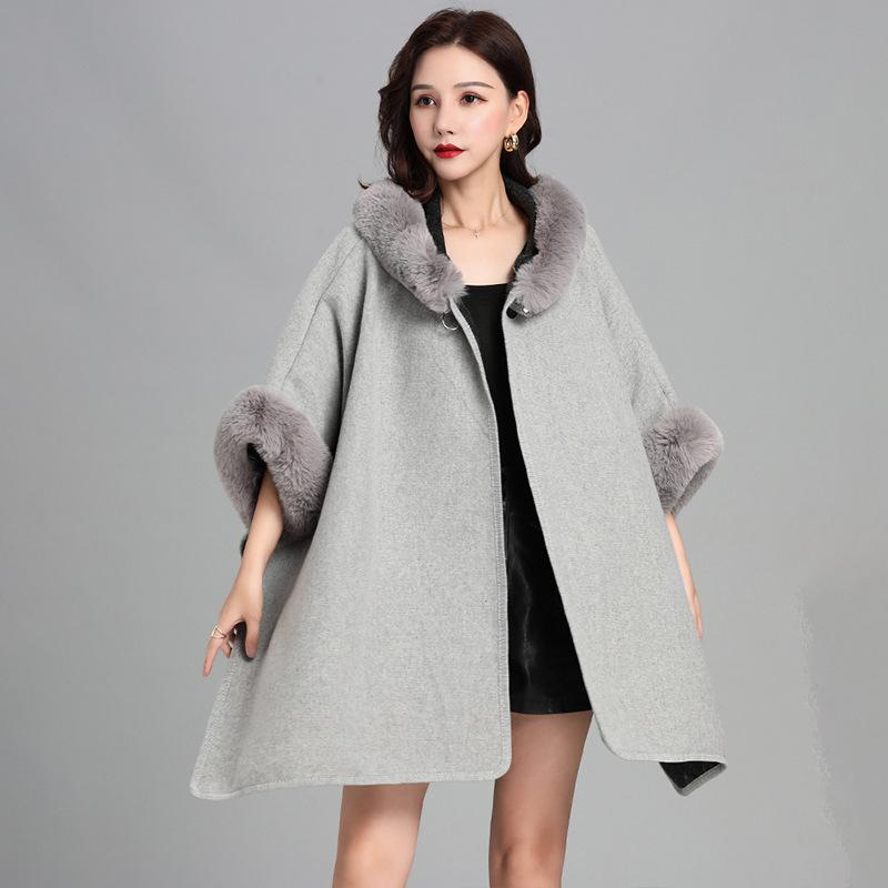 European and American Imitation Rabbit Fur Collar Hooded Large Shawl Cape Women's Knitted Cardigan Thick Loose Mid-length Fur Coat for Women