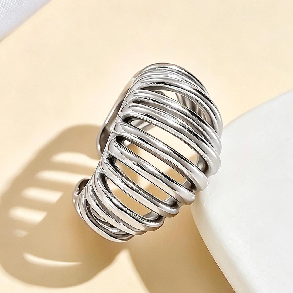 High-End Adjustable Stainless Steel Geometric Hollow Ring for Women