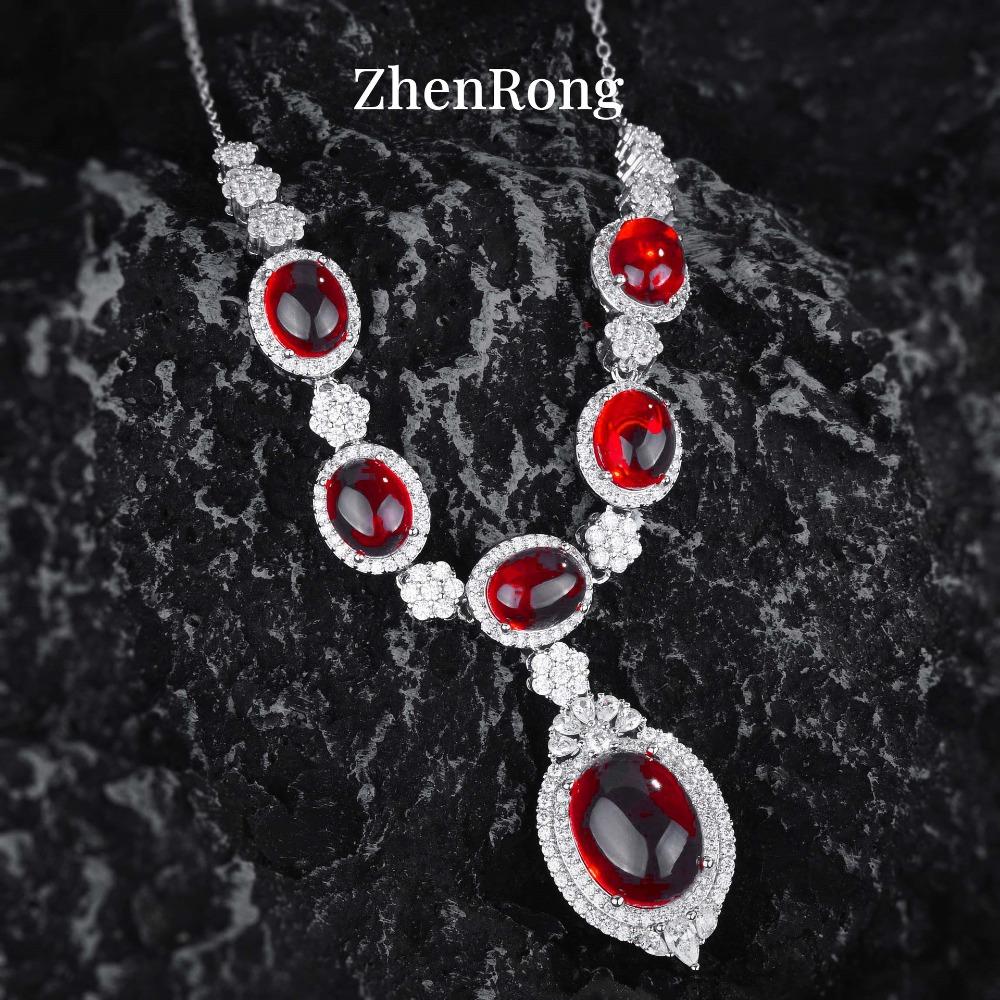 Women Jewelry Set Glossy Pigeon Blood Ruby Zircon Necklace Earrings Open Ring Stretch Bracelet