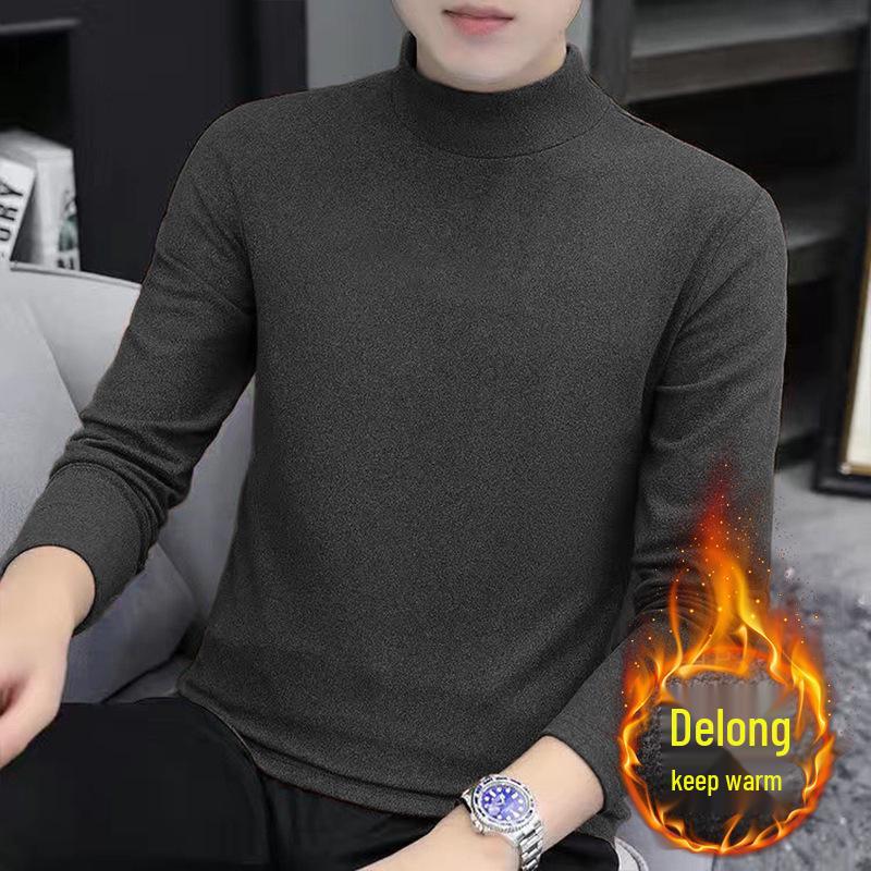 Men's Warm Velvet Semi-High Neck Long-Sleeve Shirt - Autumn/Winter Solid Color Top
