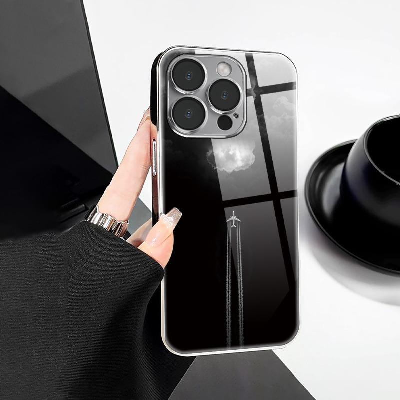Minimalistyczne szklane etui na telefon z galwanizowanym wzorem chmury i samolotu dla iPhone 17 Pro Max 16 Plus 15 14 13 12 11 16E 17 Air Cover