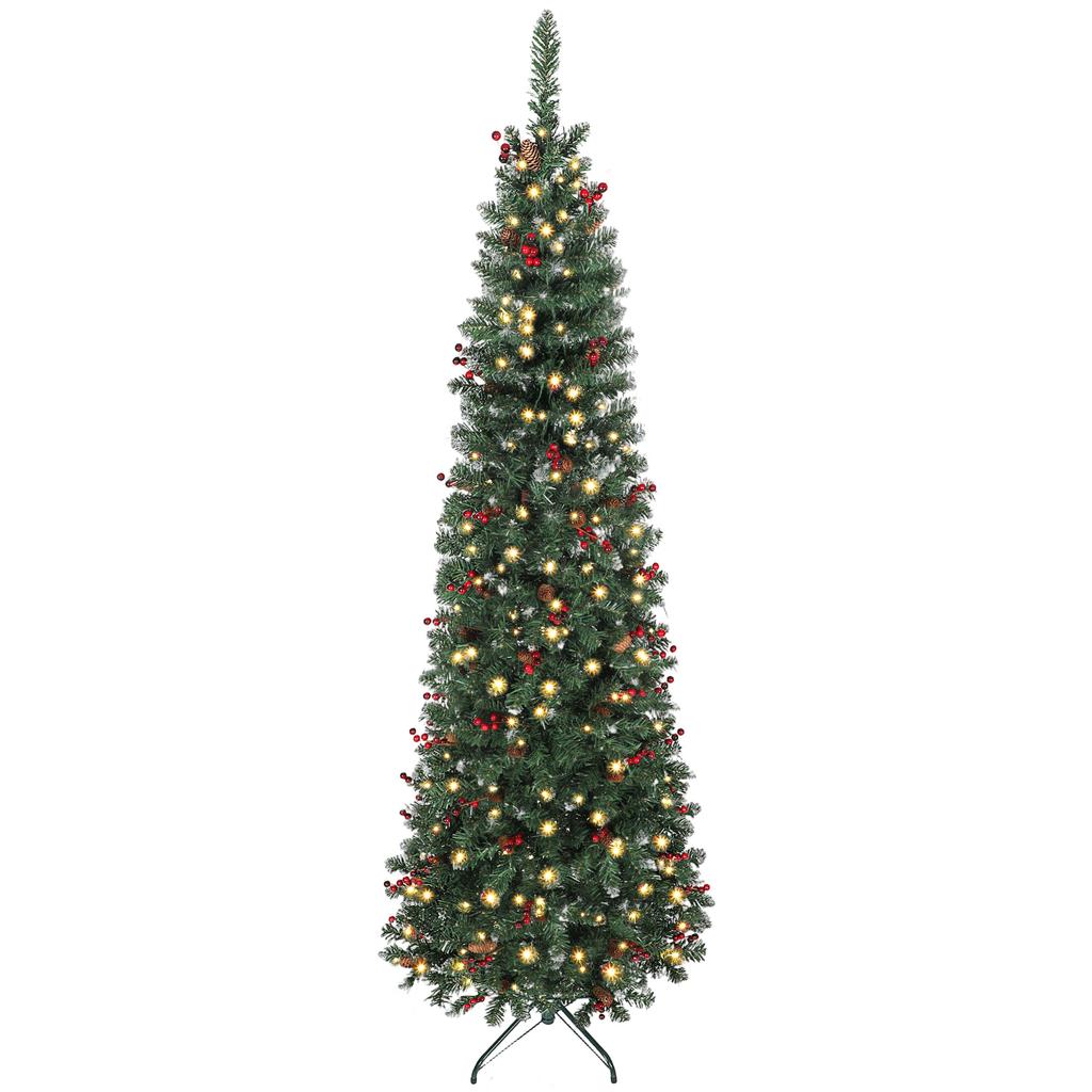 Narrow Artificial Christmas Tree 230 Cm with LED Lights 7 Lighting Modes 761 Branches Pine Cones Berries and Stand Green