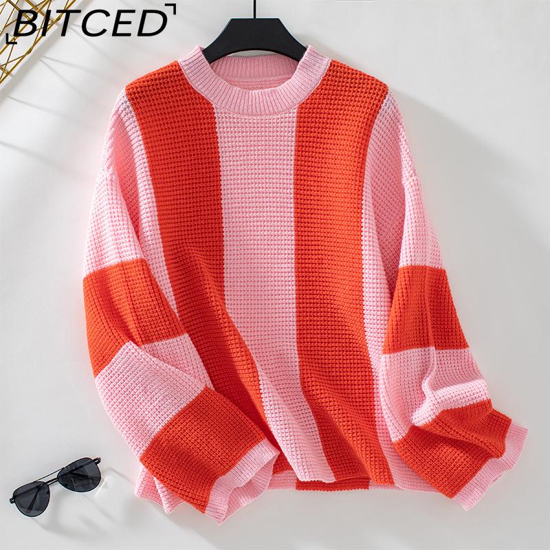 BITCED Women's Color-Block Striped Knit Sweater Fall/Winter Casual Oversized Pullover