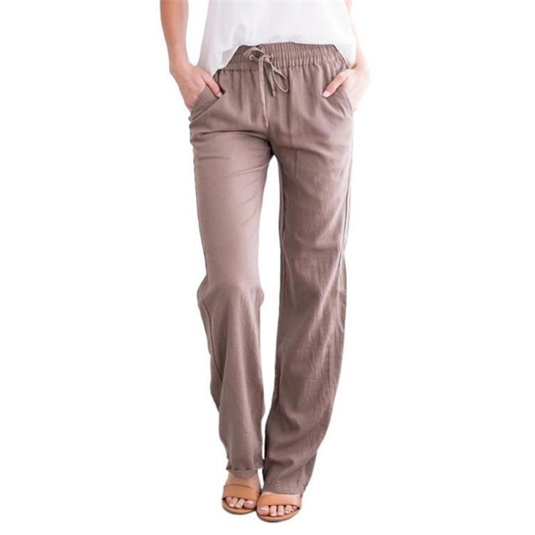 Women Wide Leg Trousers Loose Drawstring Casual Pants Solid Colour Cotton Linen Spring Summer S хаки