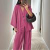 2026 Cross-border Women's Fashion Casual Suit V-Neck One Button Loose Long Sleeve Top High Waist Pants Two-piece Set