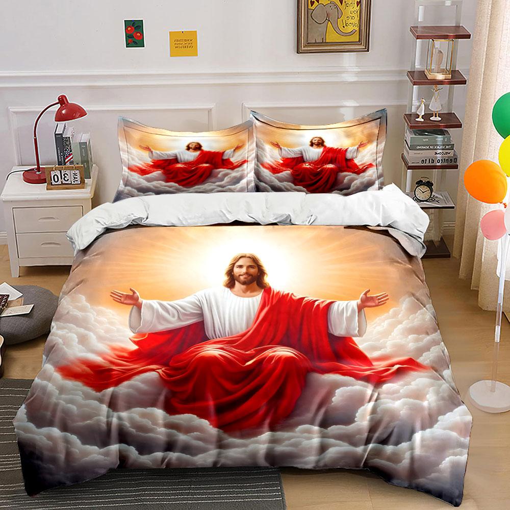 Jesus Sat Radiantly In The Clouds Duvet Cover Set With 3D Printing Design Soft Polyester Bedding Set All-Season Comfort