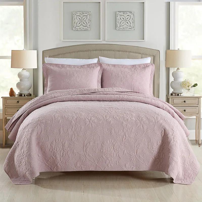 Embroidered Cotton Quilt Set 3pcs Solid Color Bedspread with 2 Pillowcase King Queen Size Coverlet Blanket for Bed Comforter