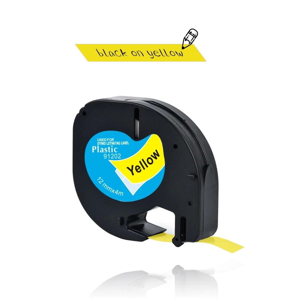10STK 12mm LetraTag LT91202 LT 91202 Merketape Plast Svart på gult for Dymo letra tag Maskin LT-100H, LT-110T, QX 50