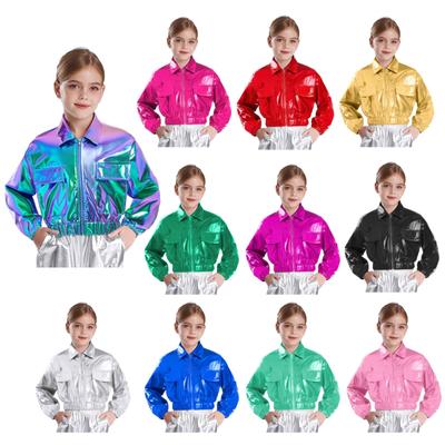 Unisex Παιδικό Μεταλλικό Μπουφάν Χορού Κάτω Γιακάς Μακρύ Μανίκι Τσέπες με Πτερύγιο Παλτό για Παράσταση Χιπ Χοπ Τζαζ