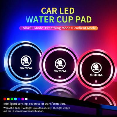 WVCL8 2Pcs Car Luminous Coasters Water Cup Mat Holder Car-Styling For Octavia 2 3 A5 A7 A8 Fabia Karoq Superb Rapid Kamiq Scala