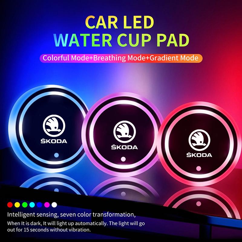 2025 New 2Pcs Car Luminous Coasters Water Cup Mat Holder Car-Styling For Skoda Octavia 2 3 A5 A7 A8 Fabia Karoq Superb Rapid Kam