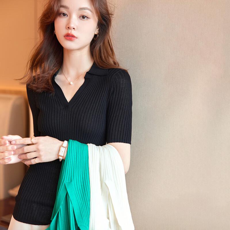 Women's Slim Fit Polo Knit Short Sleeve Top