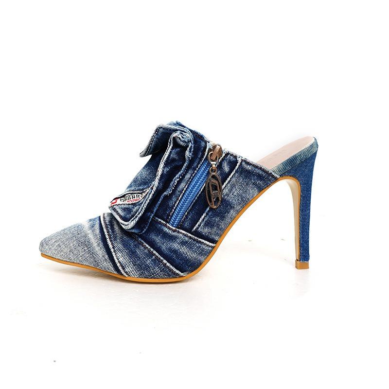 Summer new high-heeled pointed-toed thin-heeled high-heeled women's sandals washed denim retro personalized old cool slippers women