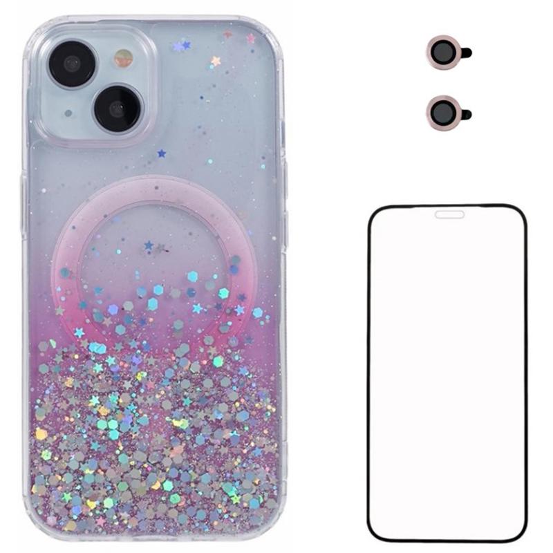 

WANLONFENG JWT Series For iPhone 15 Glitter Sequin TPU+Acrylic Magnetic Phone Case with Screen Film+Lens Film Pink