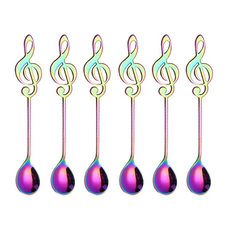 Colorful 6 Pcs Stainless Steel Tea Spoons Set Metal Music Coffee Spoon Ice Cream Candy Teaspoon Rose Gold Spoon