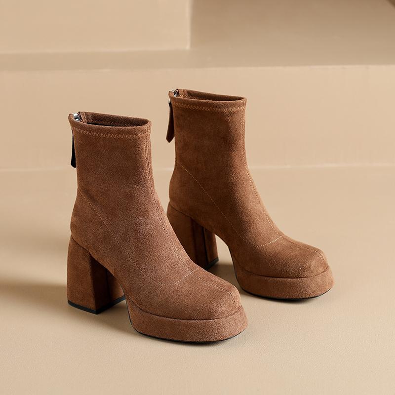 

Модные облегающие ботинки женские 2025 осень-зима новая корейская версия блочный каблук замшевая платформа высокий каблук ботильоны 34