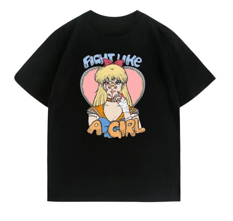 

Sailor Moon Sailor Venus Fight Like a Girl Black Graphic Oversized Streetwear Pop Rock Concert Fan T-Shirt 4XL