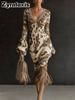 Women's Floral Knit Dress with V-Neck and Fringe Details for Spring Summer Casual Wear